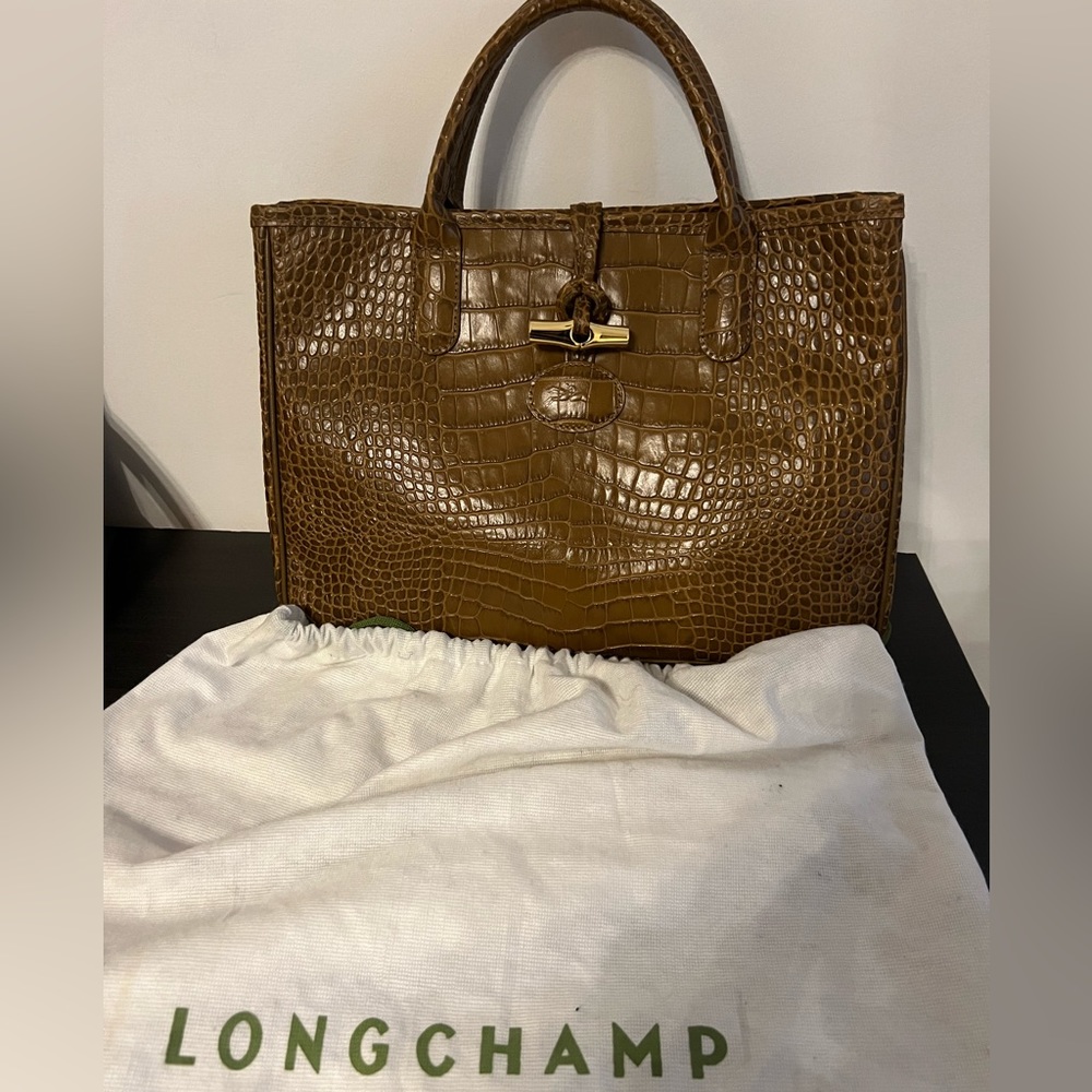 Longchamp handbag, Roseau MUSTARD IN CROCO STRAPPED CALF LEATHER